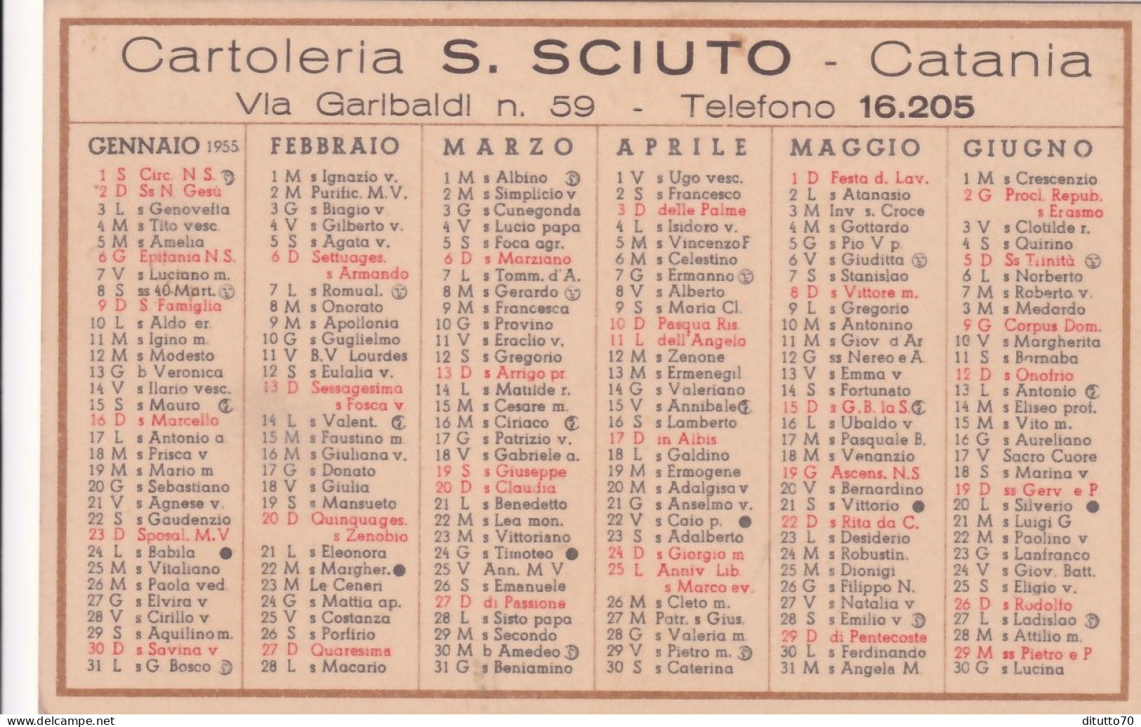 Calendarietto - Cartoleria - Sciuto Salvatore - Catania - Anno 1955 - Petit Format : 1941-60