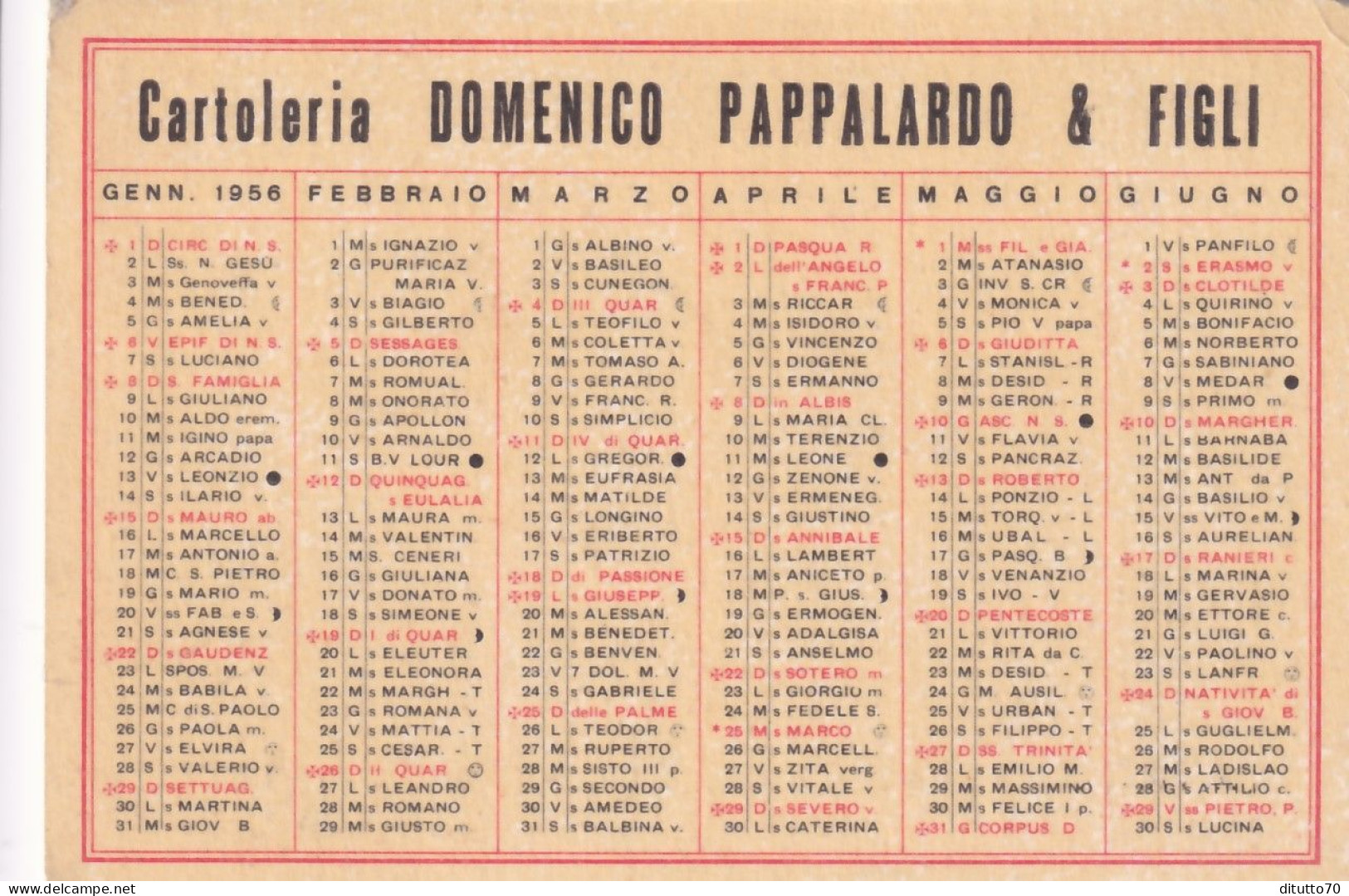 Calendarietto - Cartoleria - Domenico Pappalardo E Figli - Catania - Anno 1956 - Petit Format : 1941-60