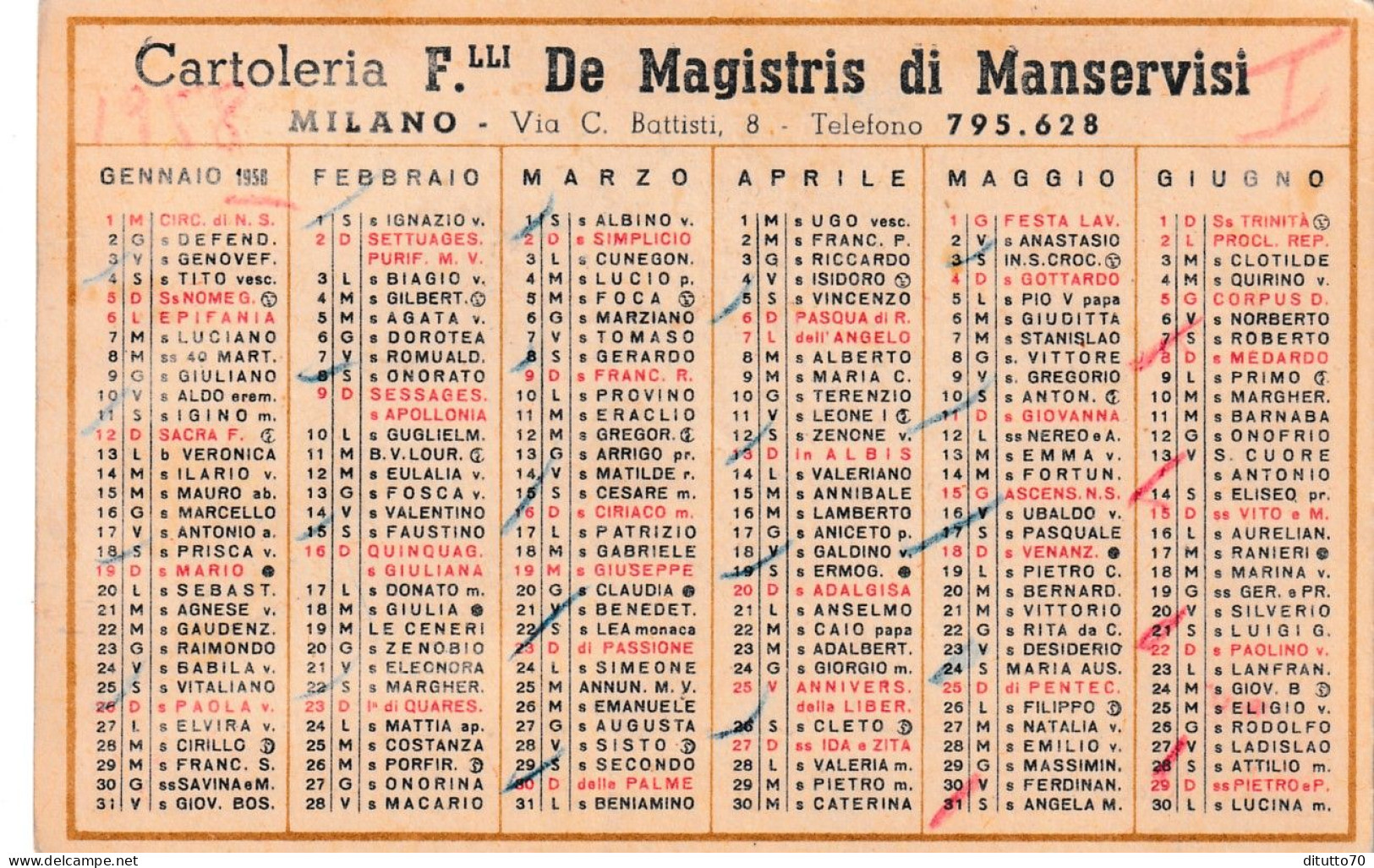 Calendarietto - Cartoleria F.lli De Magistris Di Manservisi - Milano - Anno 1958 - Petit Format : 1941-60