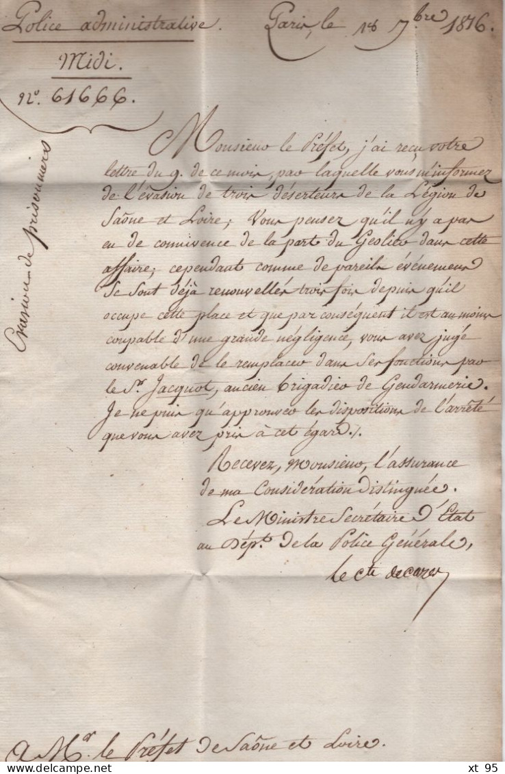 Franchise - Ministere De La Police Generale - 1816 - Courrier Evoquant L Evasion De Prisonniers Signé Comte De Cazes - 1801-1848: Voorlopers XIX