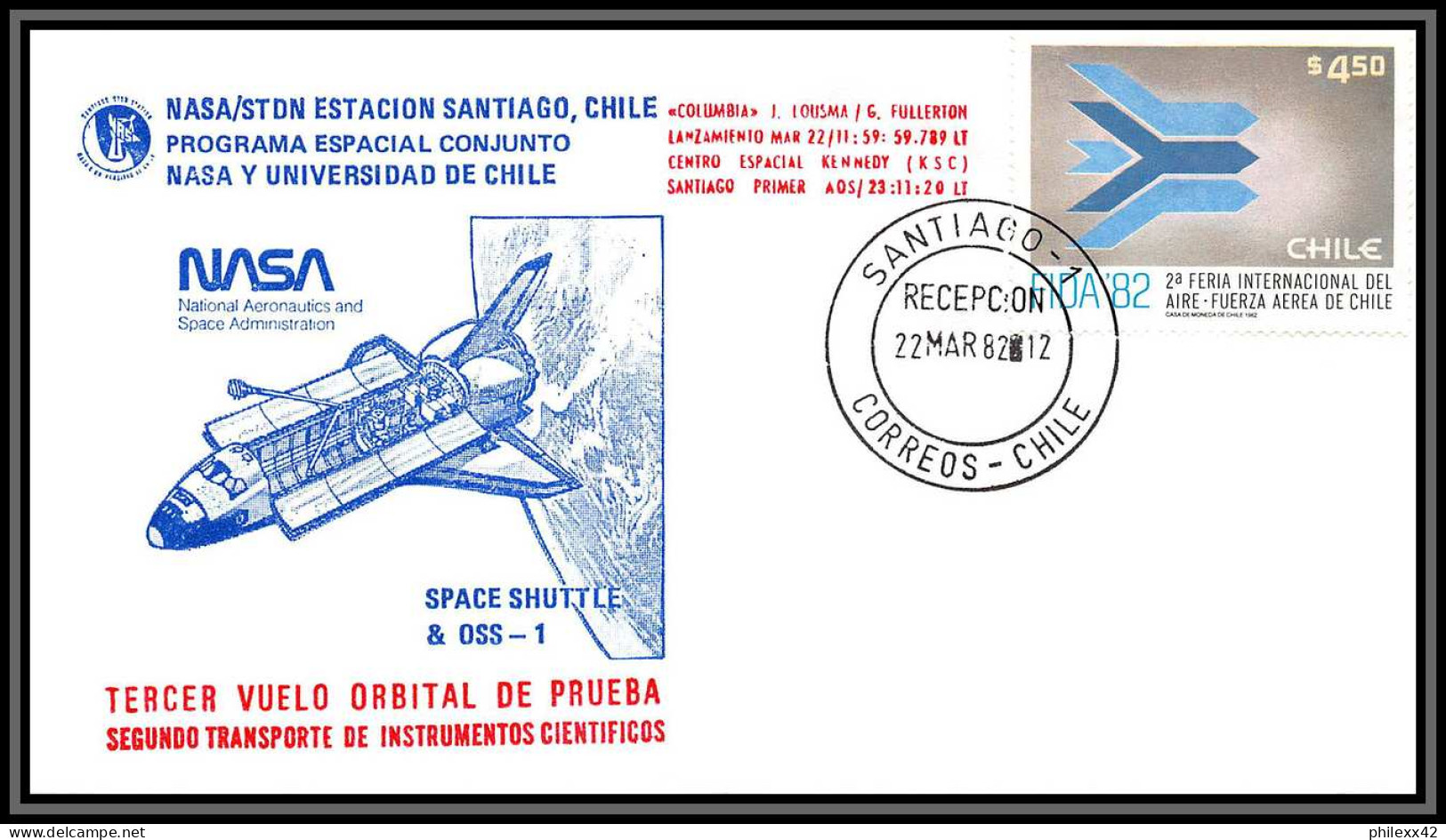 2886 Espace (space Raumfahrt) Lettre (cover Briefe) Chili (chile) Sts-3 Columbia Shuttle (navette) 22/3/1982 Start - América Del Sur
