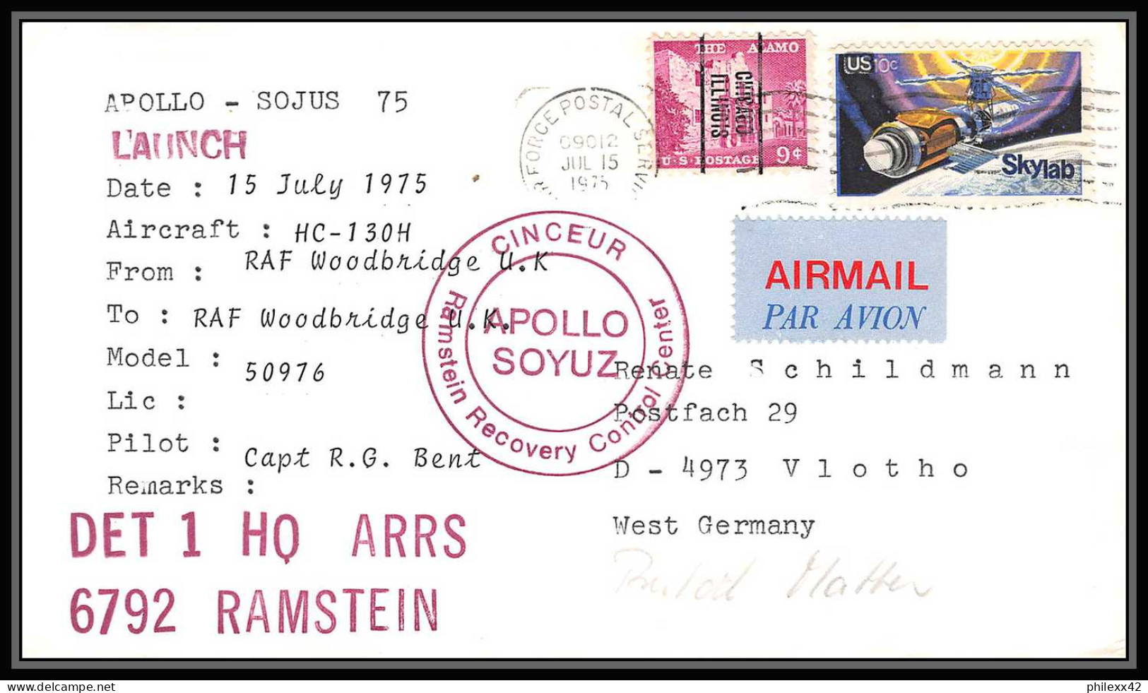 0046/ Espace (space Raumfahrt) Lettre (cover Briefe) USA Skylab 15/7/1975 - Apollo Soyuz (soyouz Sojus) Launch Cinceur  - Estados Unidos
