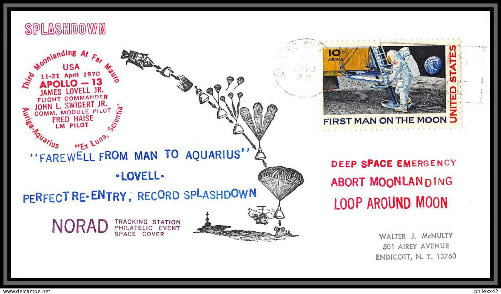 2393 USA Farwell From Man To Aquarius Apollo Norad 16/4/1970 Tirage 240 Espace (spacet) Lettre (cover Briefe)  - Estados Unidos