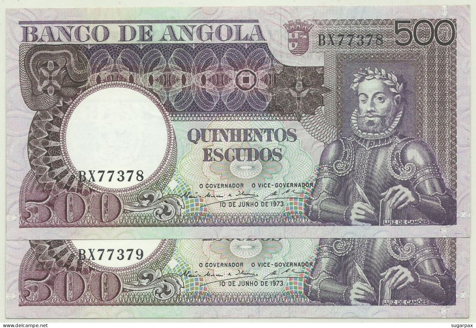 Angola - 2 X 500 Escudos Consecutive - 10.6.1973 - Pick: 107 - Serie BX - Luiz De Camões - PORTUGAL - Angola