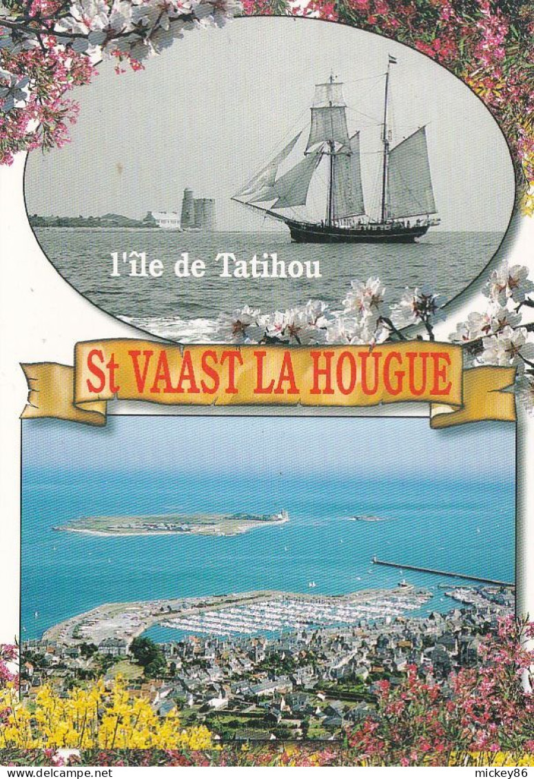 SAINT VAAST LA HOUGUE -- 2 Vues --Goelette Devant L'ile De Tatihou, Vue Générale Aérienne -Le Port-- - Saint Vaast La Hougue