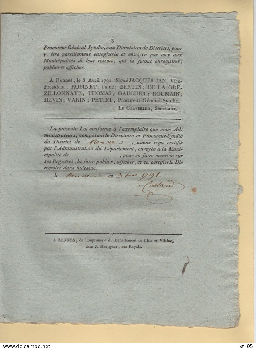 Loi Relative Au Bail Des Messageries - 1791 - Rennes Departement Ille Et Vilaine - 3 Pages - 1701-1800: Précurseurs XVIII