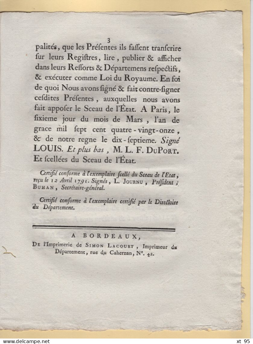 Loi Relative Au Bail Des Messageries - 1791 - Bordeaux Gironde - 3 Pages - 1701-1800: Precursores XVIII