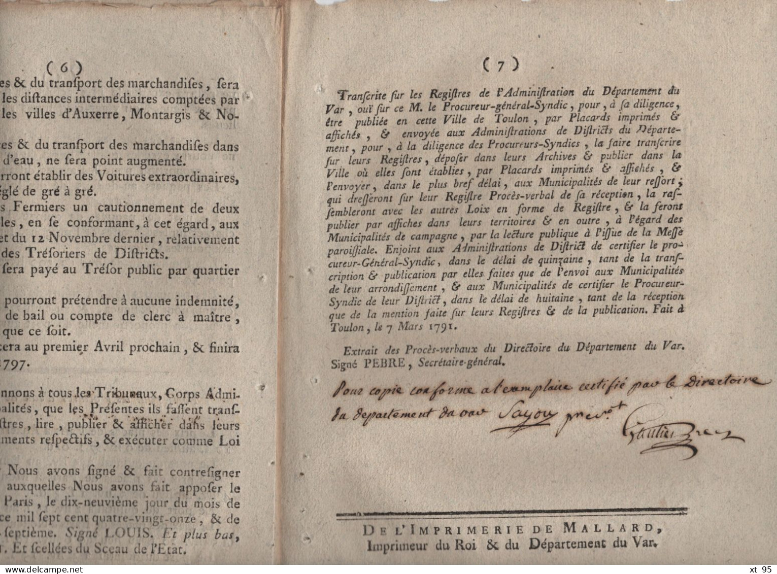 Loi Relative Aux Messageries Et Voitures - 1791 - Departement Du Var - 7 Pages - 1701-1800: Vorläufer XVIII