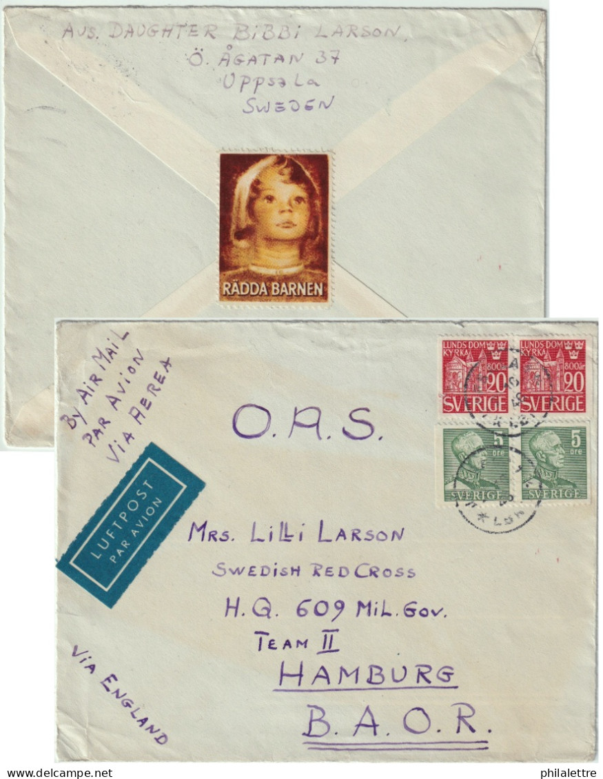 SUÈDE / SWEDEN 1946 Pairs Facit.271BB & Facit.366BB On Air Mail Cover From UPPSALA To A Military Address In Hamburg - Covers & Documents