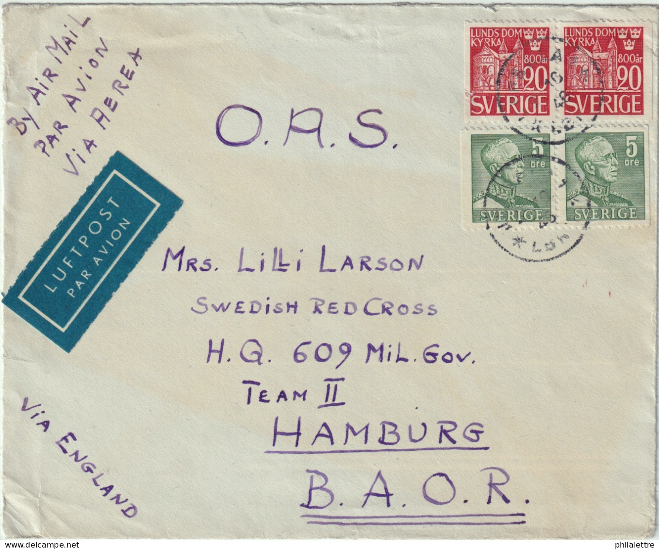 SUÈDE / SWEDEN 1946 Pairs Facit.271BB & Facit.366BB On Air Mail Cover From UPPSALA To A Military Address In Hamburg - Covers & Documents