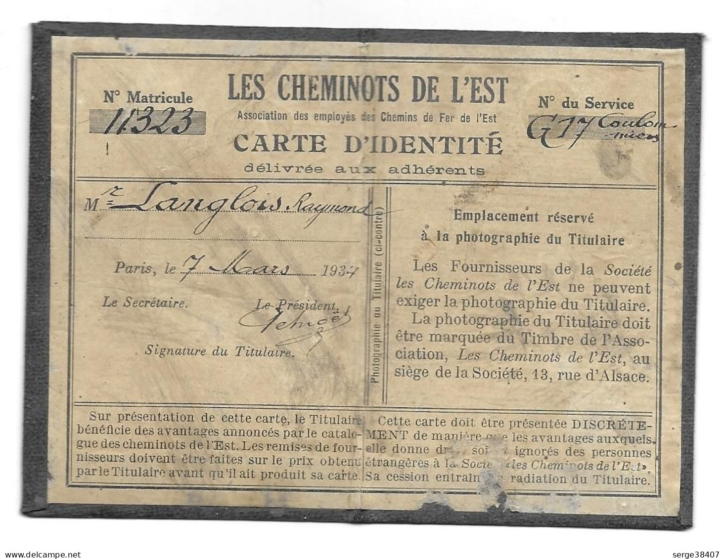 Les Cheminots De L'Est - Carte D'Identité - 1934 - Coulommiers - Langlois Raymond - Chemin De Fer
