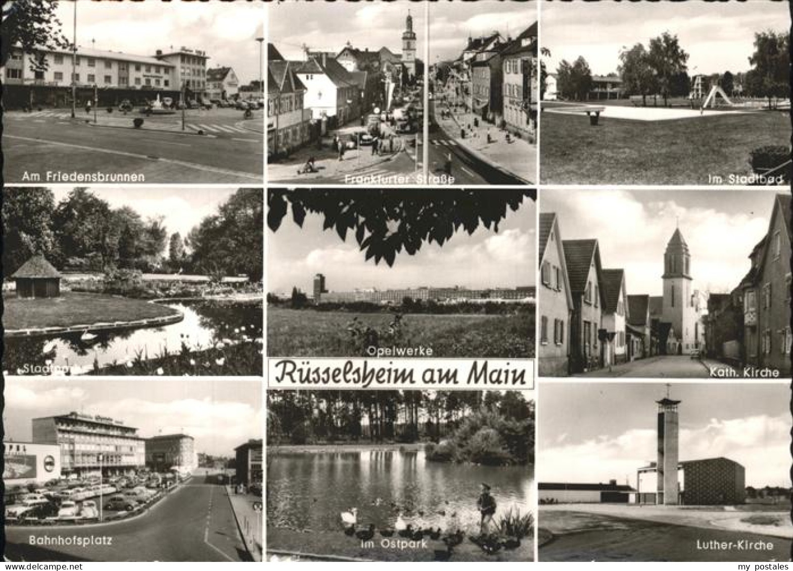 41285905 Ruesselsheim Main Friedensbrunnen Stadtbad Bahnhofsplatz Opelwerke Kirc - Rüsselsheim