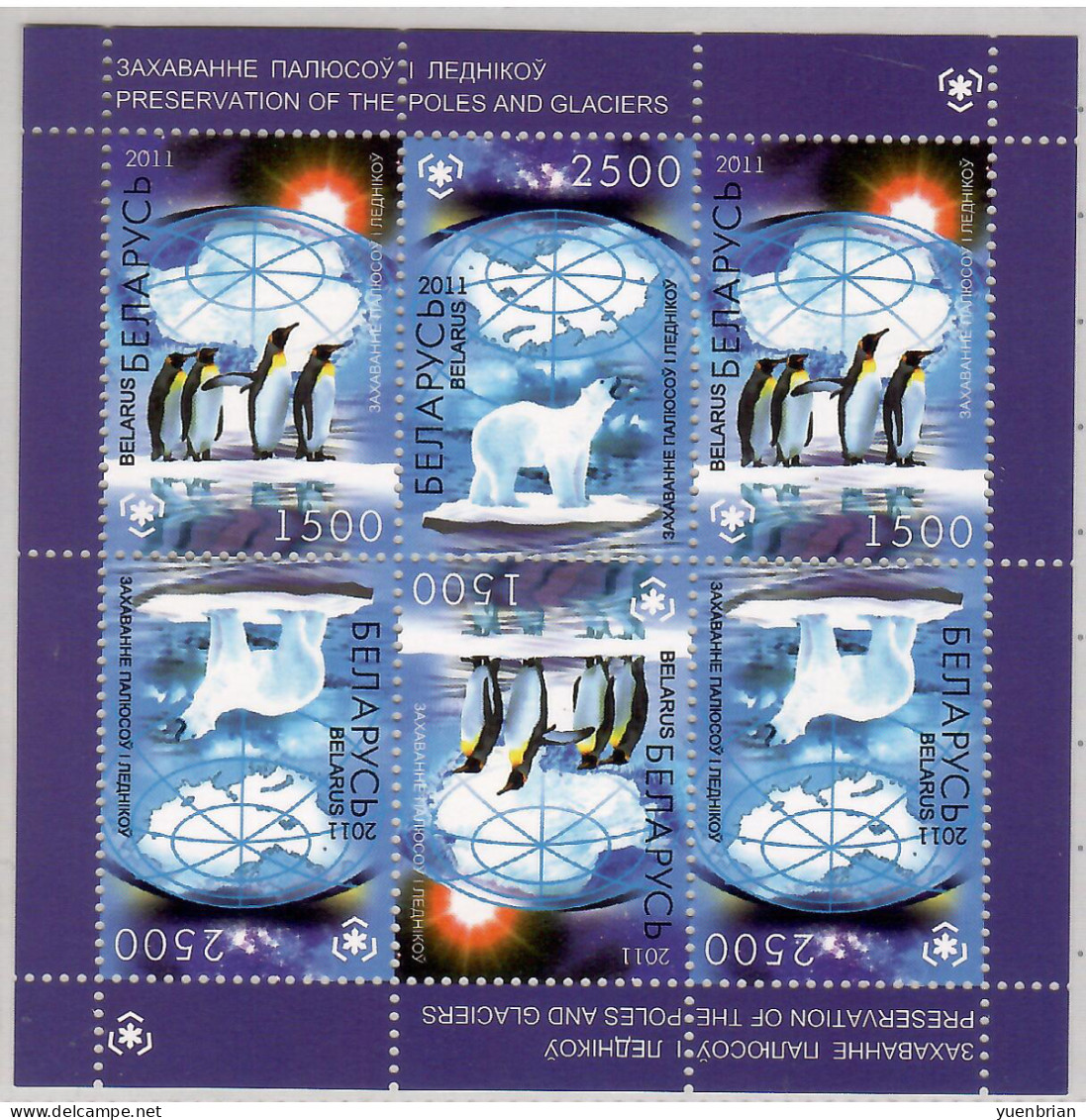 Belarus 2011, Bird, Birds, Penguin, Polar Bear, Sheet Of 3x 2v, MNH** - Pingueinos