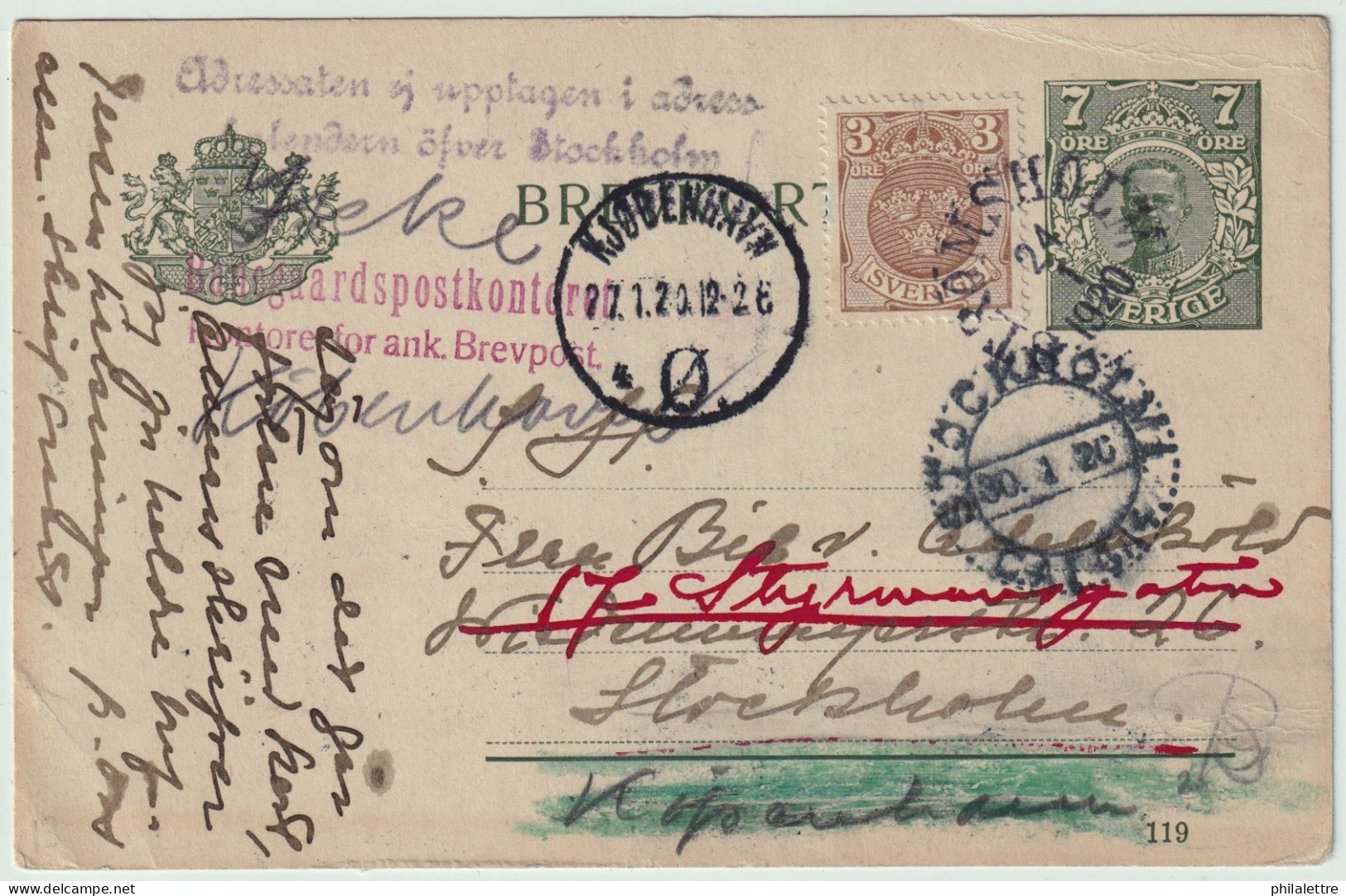 SUÈDE / SWEDEN 1920 Facit.73 On 7ö Card Mi.P33 TROMSHOLM To STOCKHOLM, COPENHAGEN & STOCKHOLM Again - Storia Postale