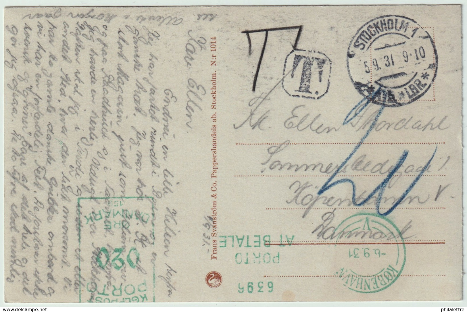 SUÈDE / SWEDEN 1931 Unfranked Post Card From Stockholm To Copenhagen Taxed 20ö With Postage Due Meter Mark - Lettres & Documents