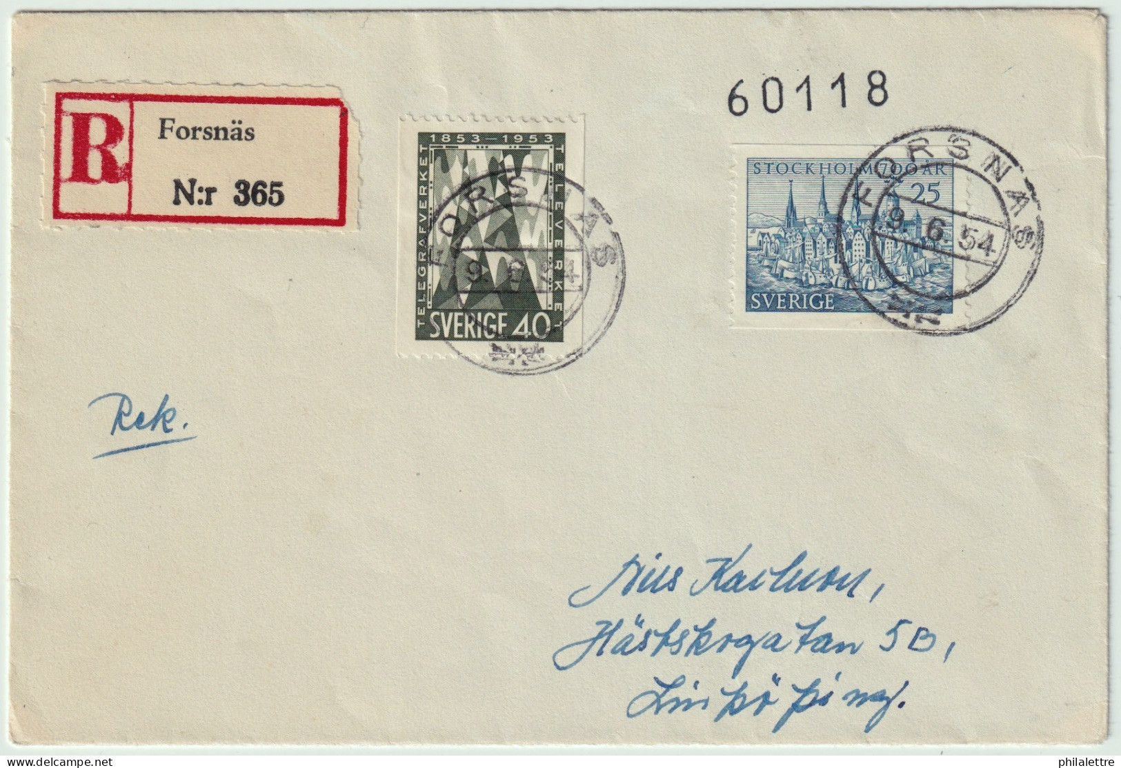 SUÈDE / SWEDEN 1954 Mi.383A & Mi.386C On Registered Cover From FORSNÄS To LINKÖPING - Cartas & Documentos