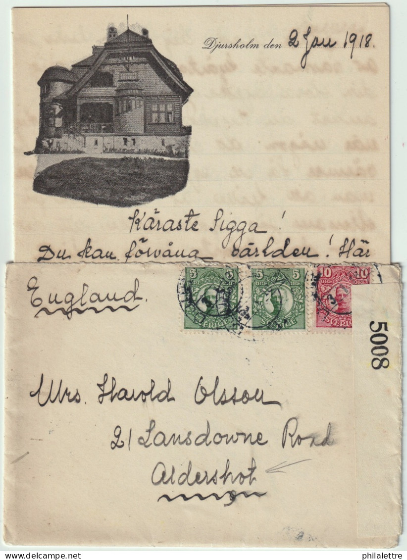 SUÈDE / SWEDEN 1918 2x Facit.79 & Facit.82 On Censored Cover From DJURSHOLM To ENGLAND - Covers & Documents