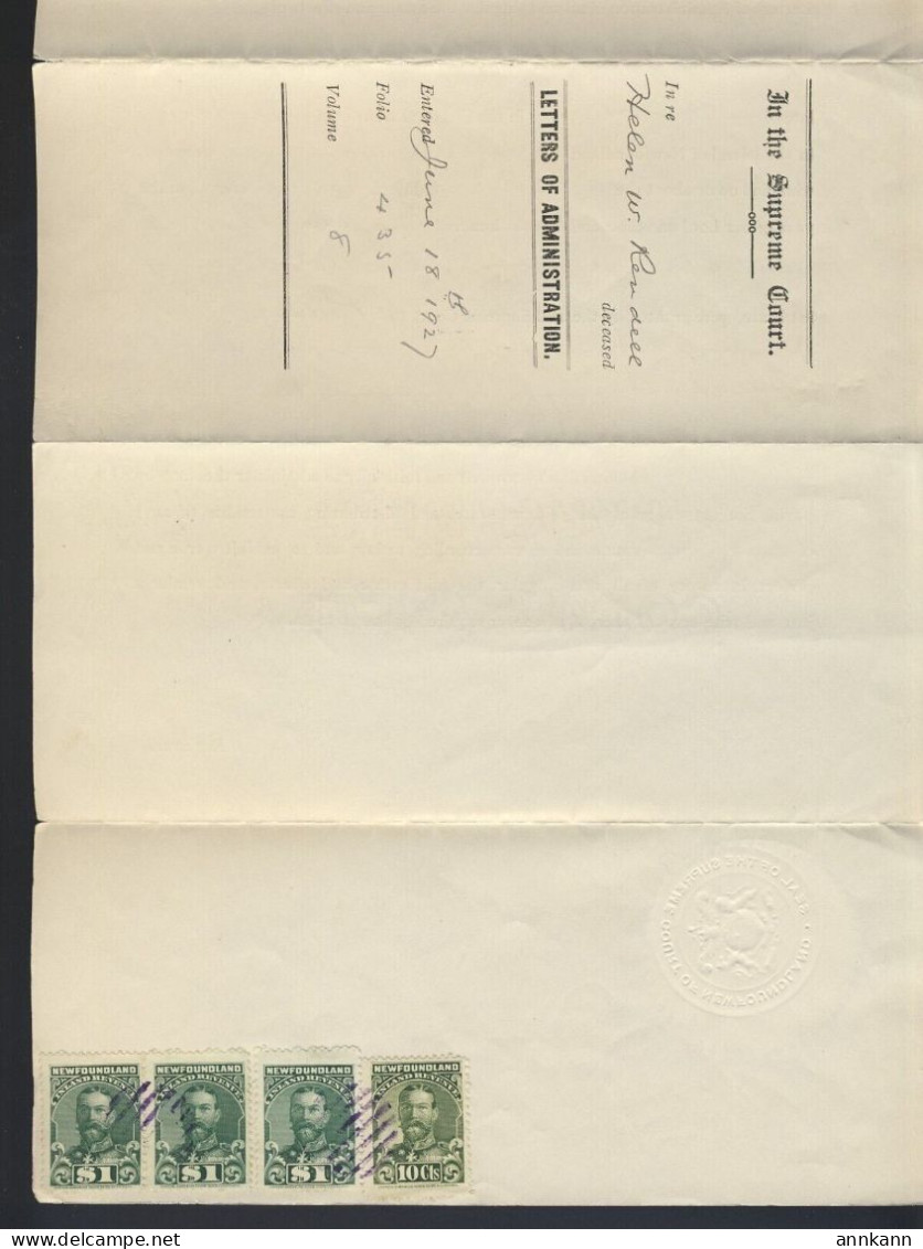 Newfoundland Supreme Court Document W3x #NFR20 $1.00 & 1x #NFR17a 10c Stamp - Postal History