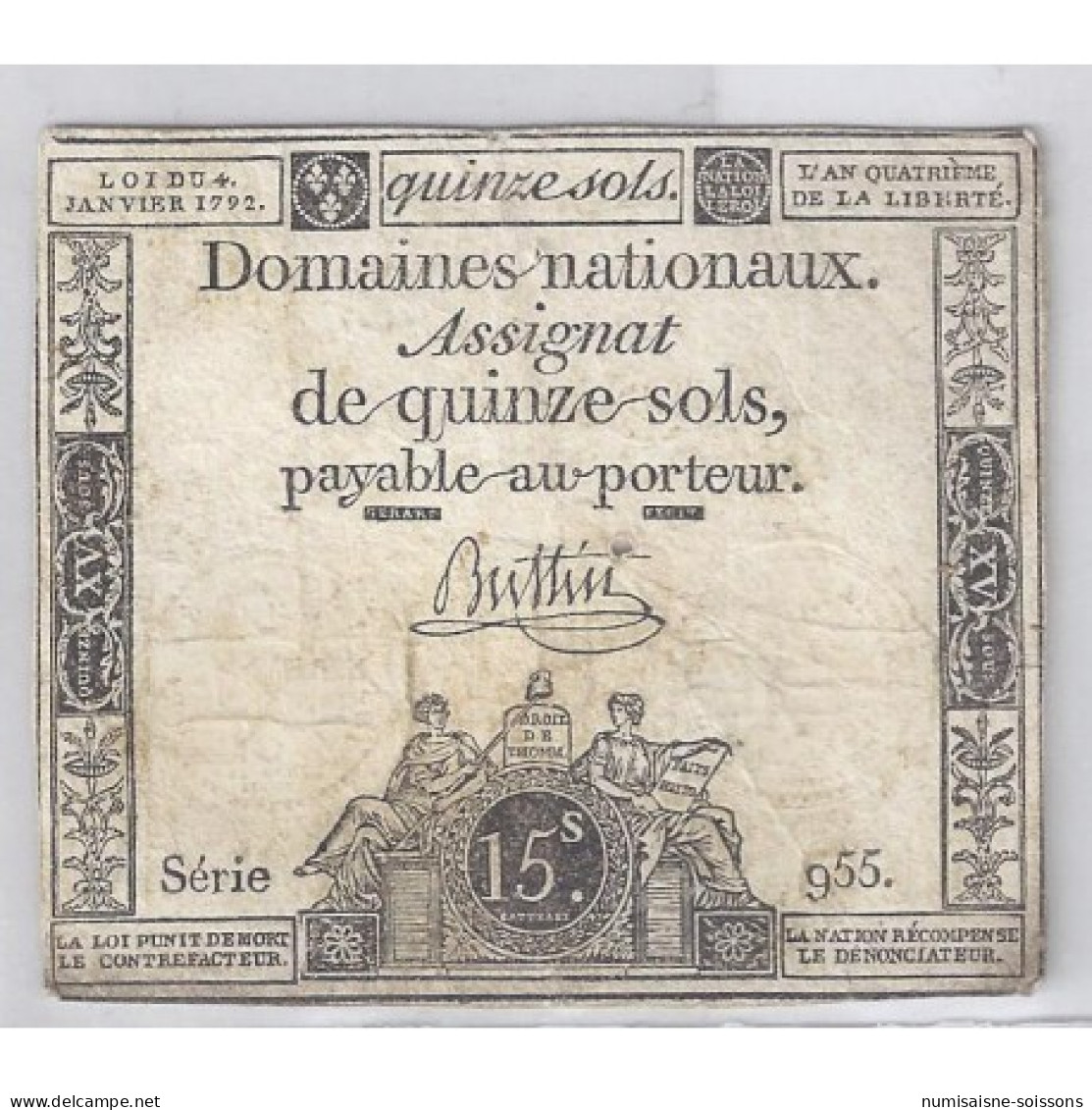 ASSIGNAT DE 15 SOLS - SERIE 233 - 04/01/1792 - TTB - Assignats