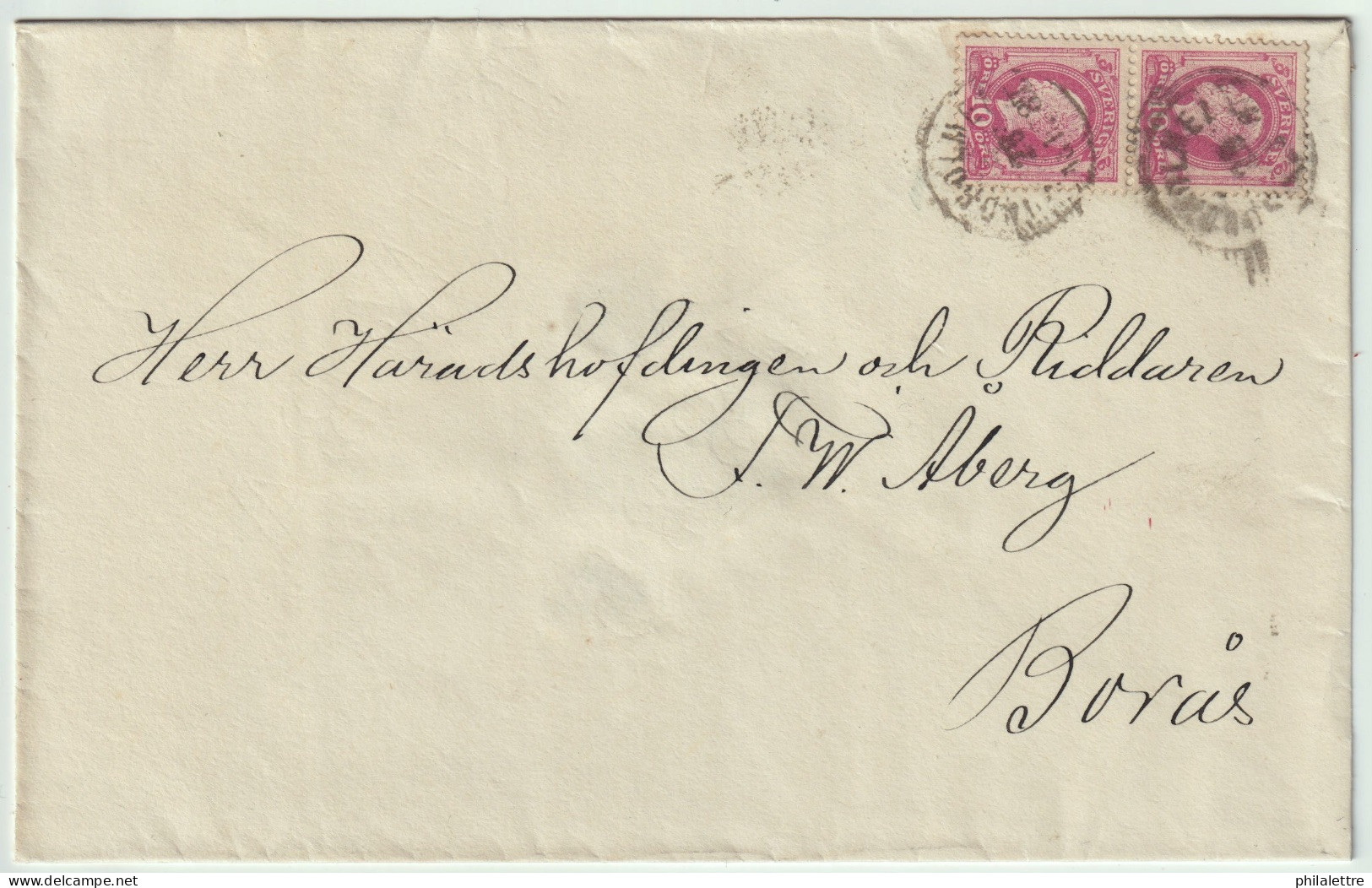 SUÈDE / SWEDEN 1887 Pair Facit.39 10ö Type 2 On Cover From SUNDHOLMN To BORAS - Briefe U. Dokumente