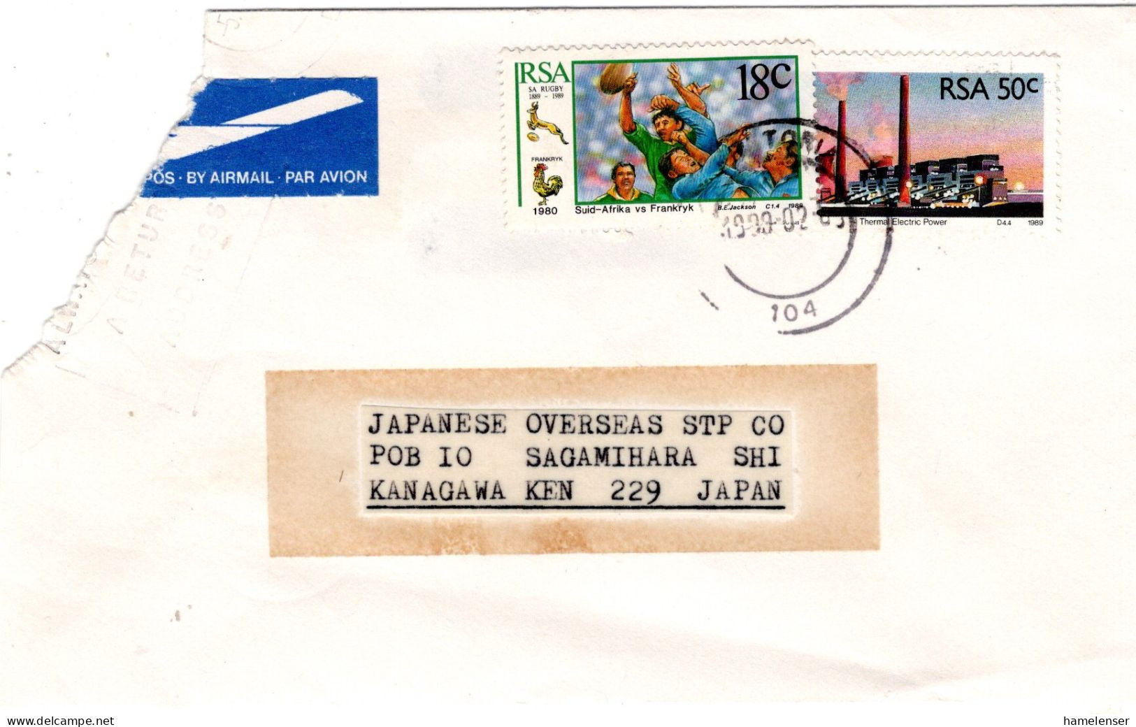 74179 - Südafrika - 1990 - 50c Kraftwerk MiF A LpBf PRETORIA -> Japan, Beschaedigt Eingegangen - Storia Postale