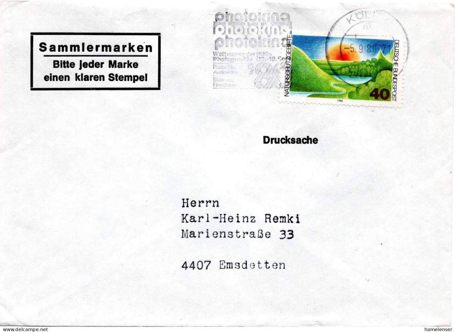 74180 - Bund - 1980 - 40Pfg Umweltschutz EF A DrucksBf KOELN - PHOTOKINA ... -> Emsdetten - Fotografía