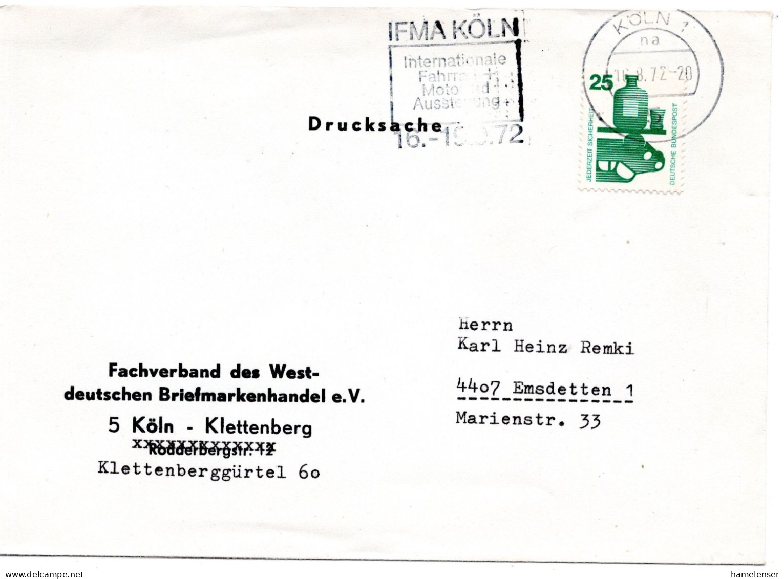 74181 - Bund - 1972 - 25Pfg Unfall EF A DrucksBf KOELN - IFMA ... -> Emsdetten - Other (Earth)