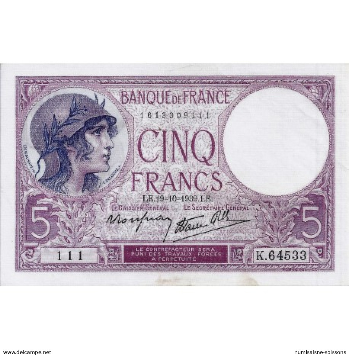 FAY 04/12 - 5 FRANCS VIOLET - 19/10/1939 - SUPERBE + - PICK 83 - 5 F 1917-1940 ''Violet''