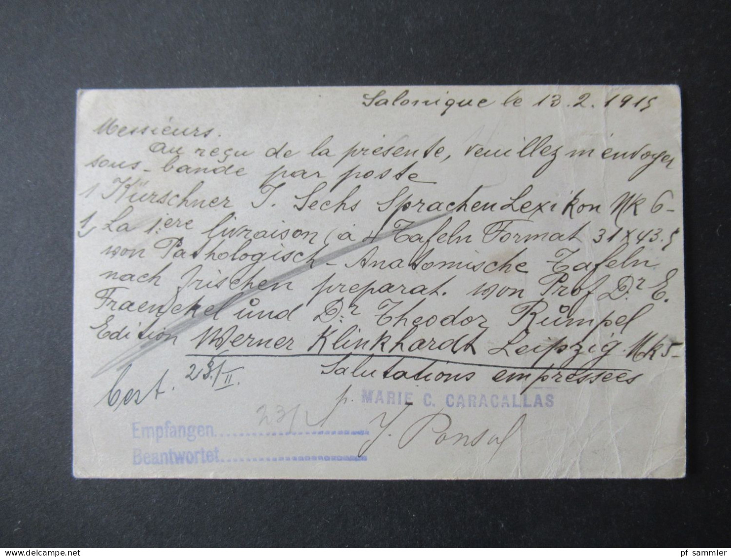 1915 Ganzsache P 33 (durch Balkankrieg Neu Besetzte Gebiete) Bücherbestellung Nach Leipzig Librairie Francaise Salonique - Postal Stationery