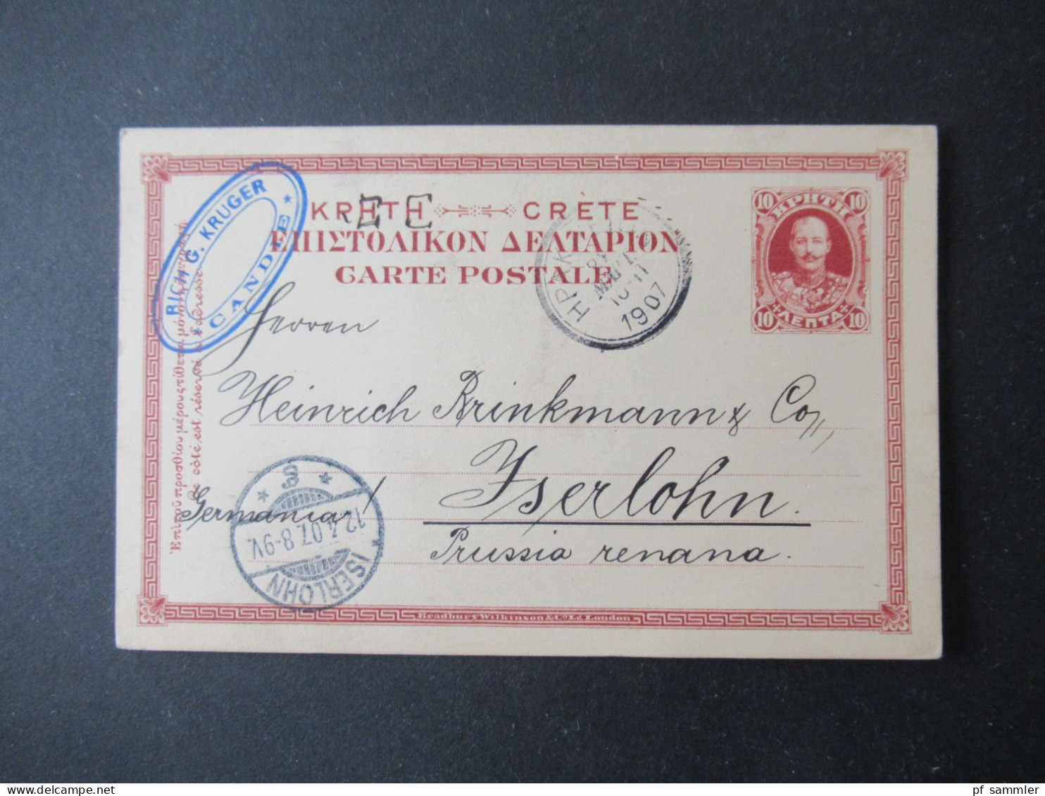 Griechenland Kreta 1907 Ganzsache P 1 Abs. Stempel Rich G. Kruger Candie Und Stempel Hpak... Nach Iserlohn Gesendet - Crete