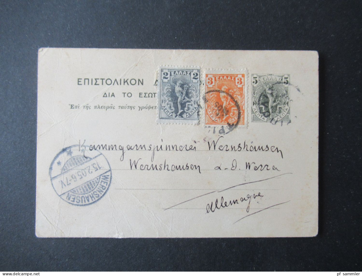 Griechenland 1905 Ganzsache Mit 2x Zusatzfrankatur Roter Abs. Stempel G.C. Petropoulos Tripolis Nach Wernshausen Gesende - Ganzsachen