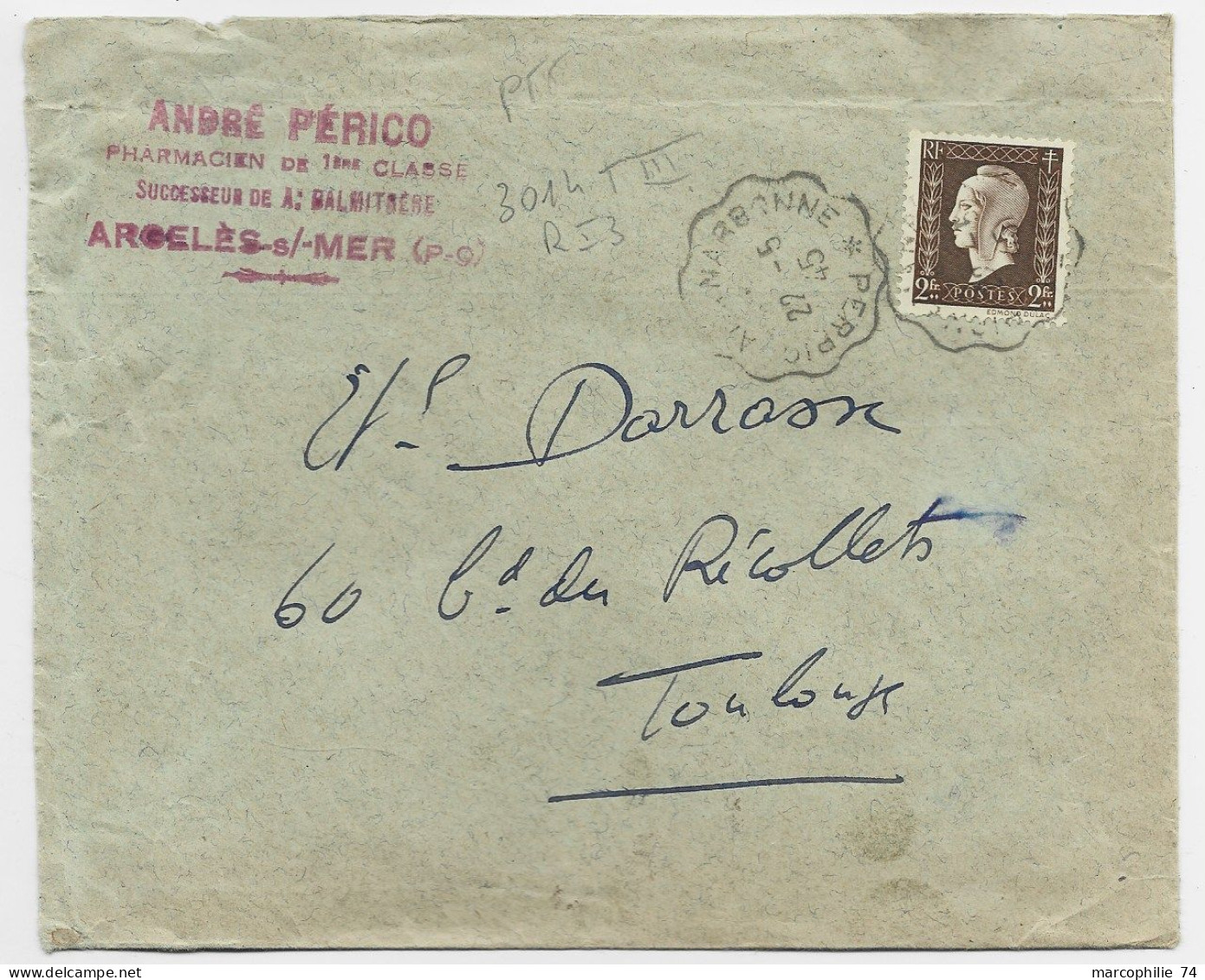 DULAC 2FR SEUL LETTRE  ARGELES S MER PYRENEES ORIENTALES OBL CONVOYEUR PERPIGNAN A NARBONNE 22.5.1945 + RETOUR CERET - 1944-45 Marianne De Dulac