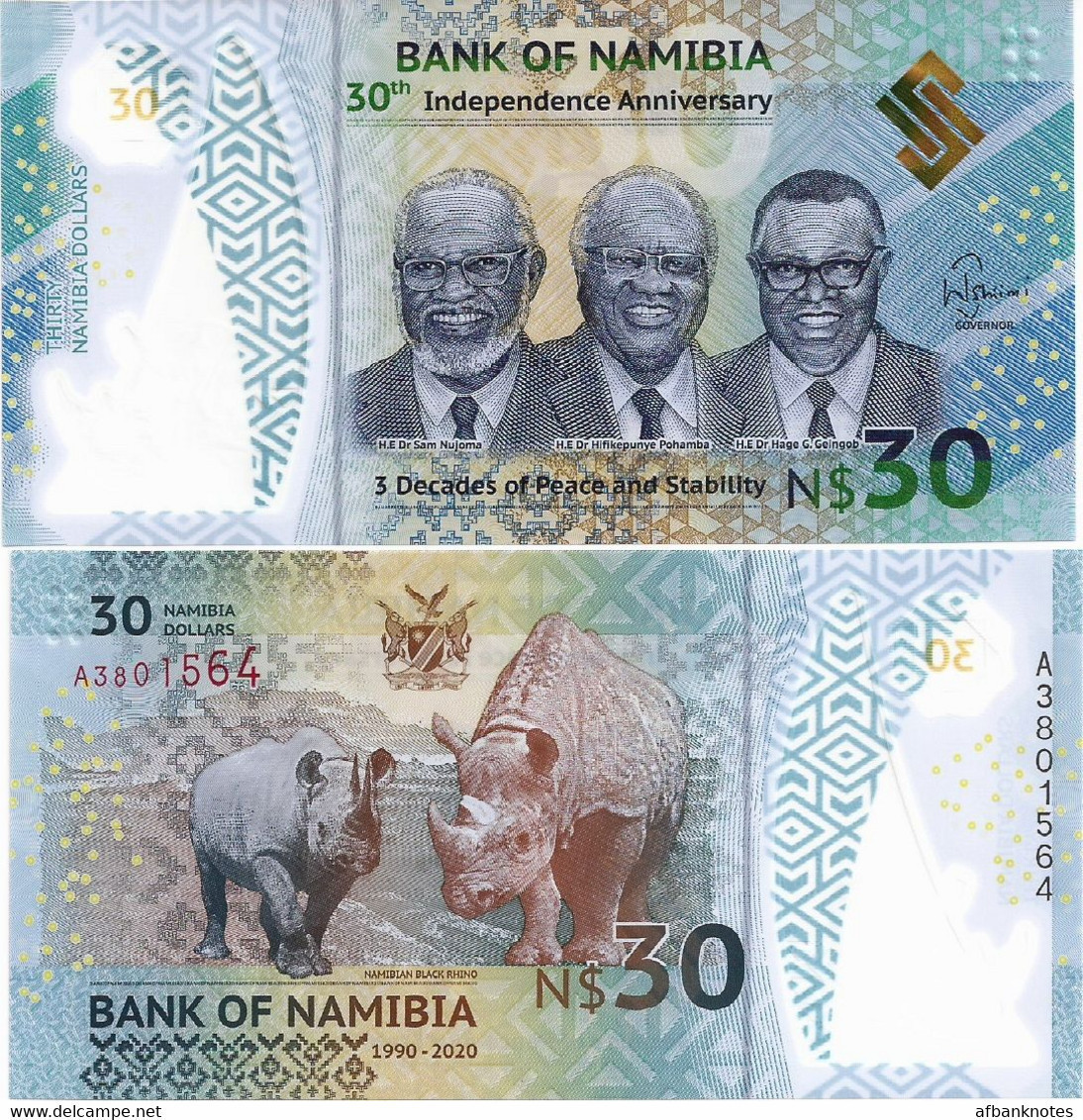 NAMIBIA        30 Dollars        Comm.       P-W18        2020        UNC - Namibië