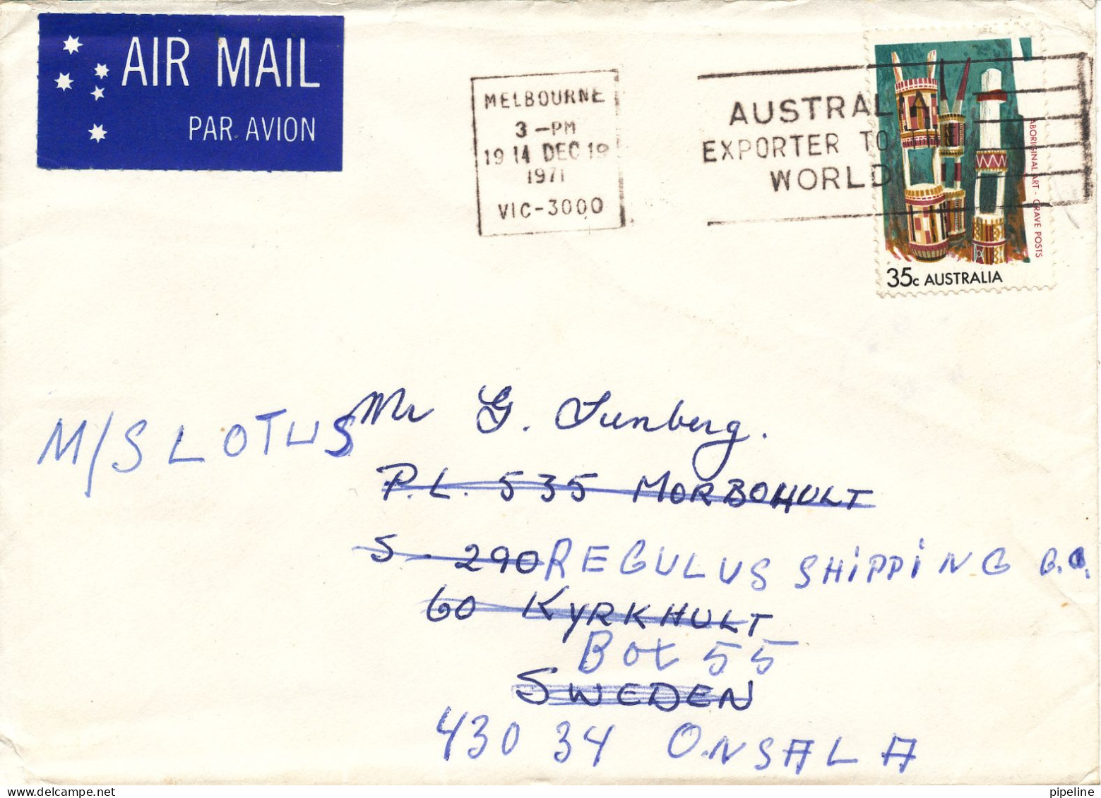 Australia Cover Sent To Sweden Melbourne 14-12-1971 Single Franked - Covers & Documents