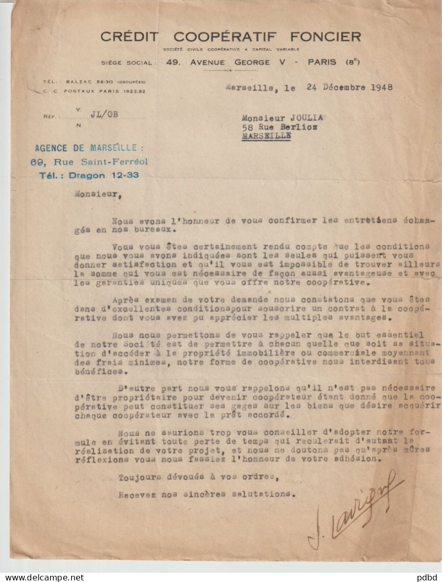 Crédit Foncier De France . Avenue Georges V . Paris . St Ferréol . Marseille .1948 . - Banco & Caja De Ahorros