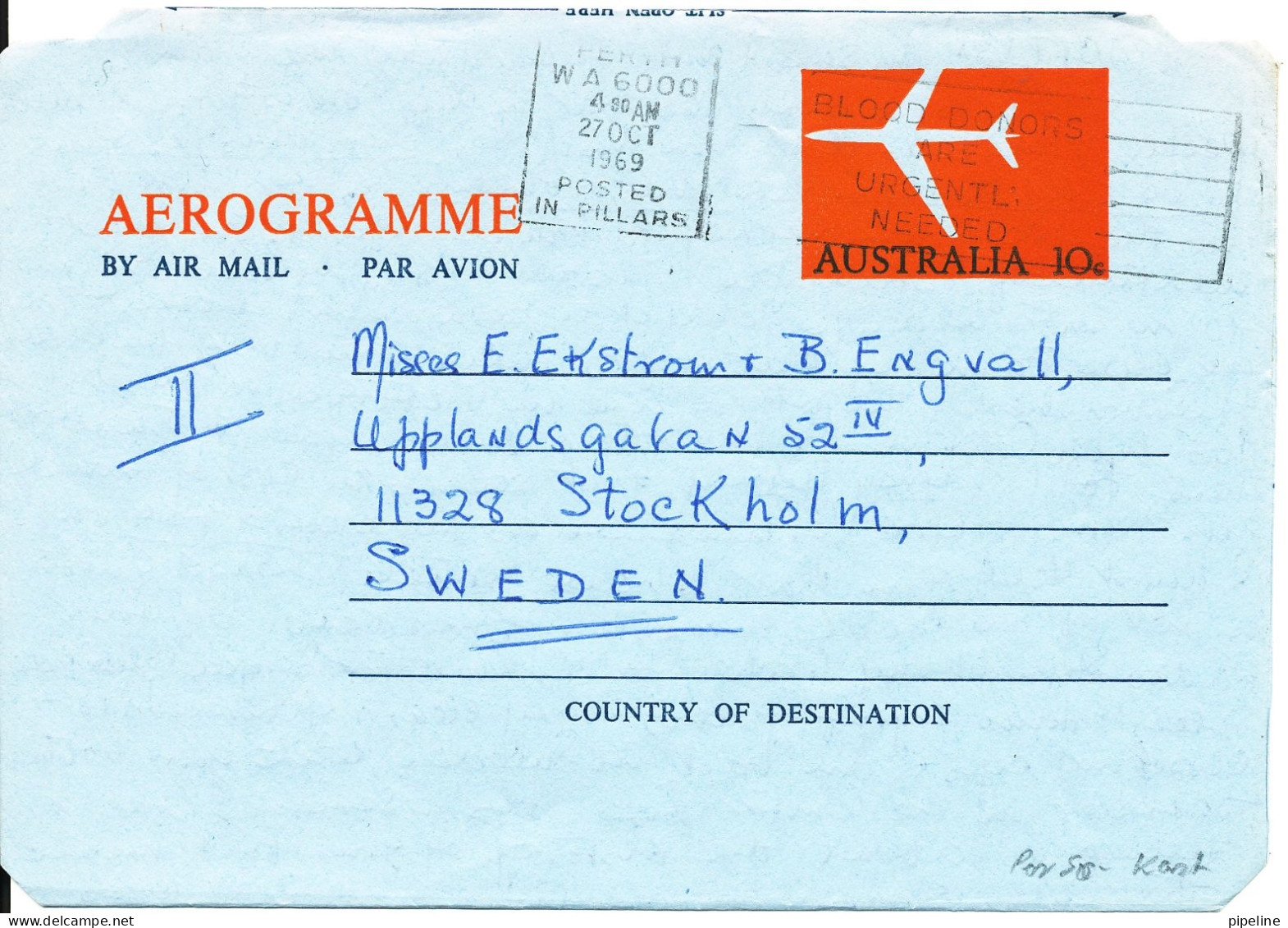 Australia Aerogramme Sent To Sweden Perth 27-10-1969 - Aerogrammi