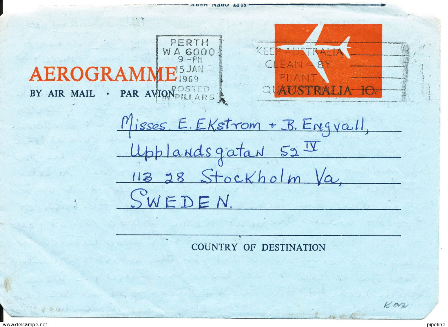 Australia Aerogramme Sent To Sweden Perth 15-1-1969 - Aerogrammi