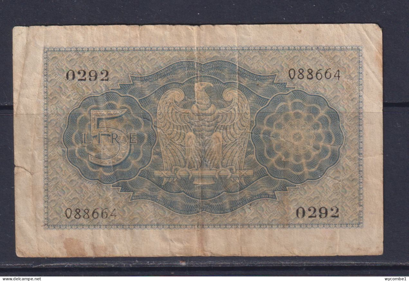 ITALY - 1940 5 Lira Circulated Banknote - Italië– 5 Lire