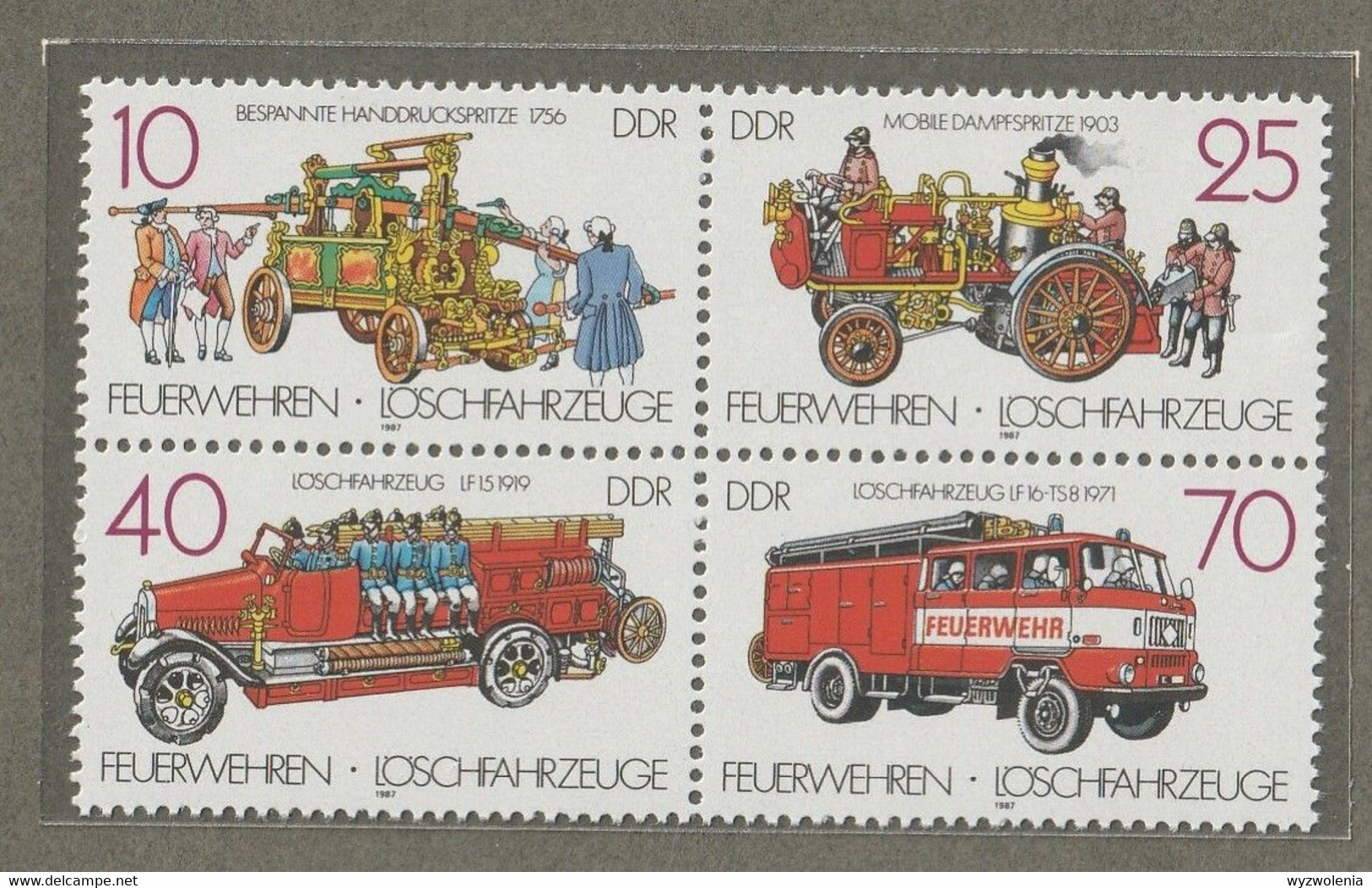 N 933) DDR 1987 Mi 3101-3104 + Vierblock **: Feuerwehr Löschfahrzeuge - Other (Earth)