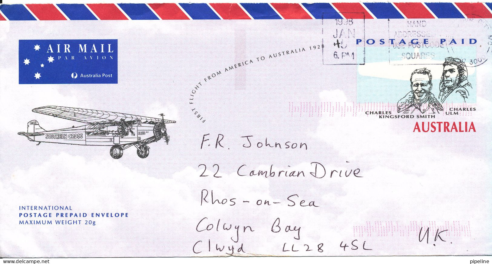Australia Postal Stationery Cover 5-1-1998 Sent To UK (Smith And Ulm First Flight America To Australia 1928 Prepaid For - Postwaardestukken