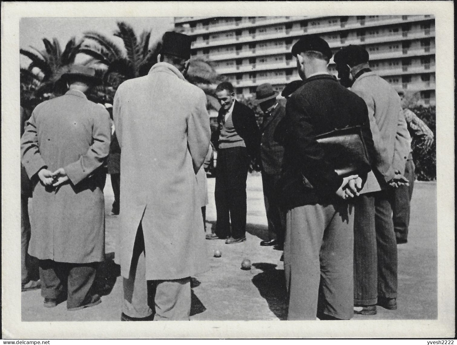 Algérie 1957. Carte Postale De Franchise Militaire. Partie De Boules. Vieux Messieurs Avec Chapeaux Ou Bérets, Palmiers - Bocce