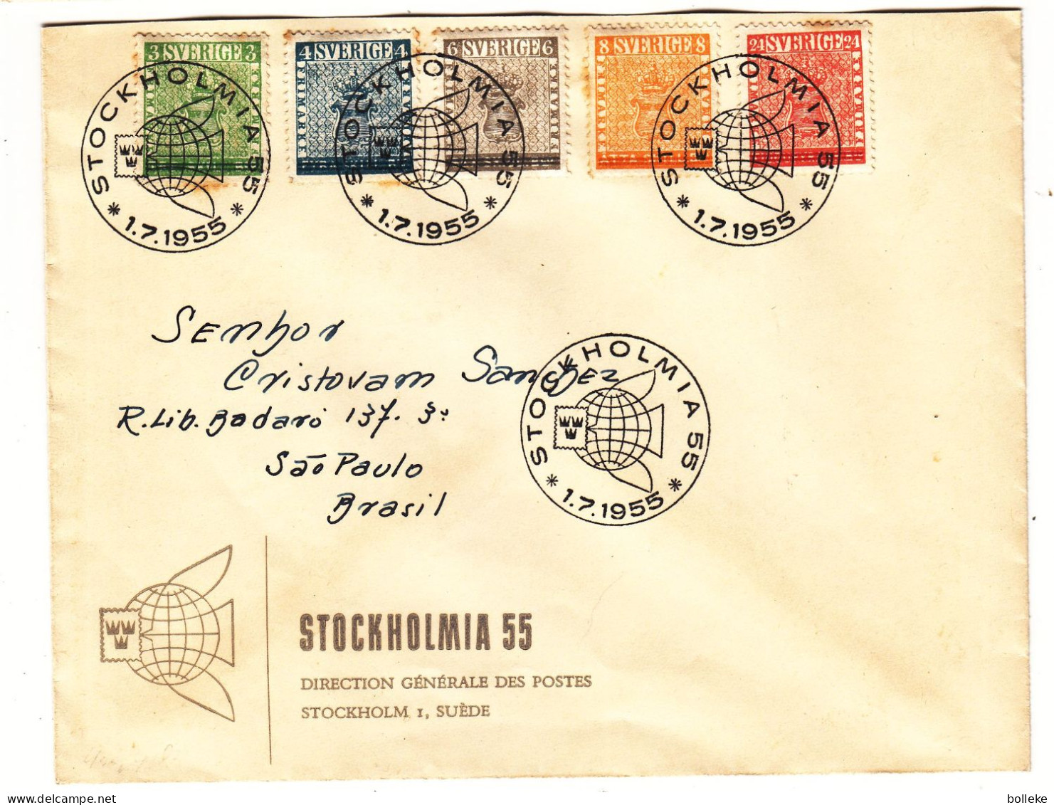 Suède - Lettre De 1955 - Oblit Stockholm - Exp Vers Sao Paulo - Valeur 30 Euros - Ume - - Covers & Documents