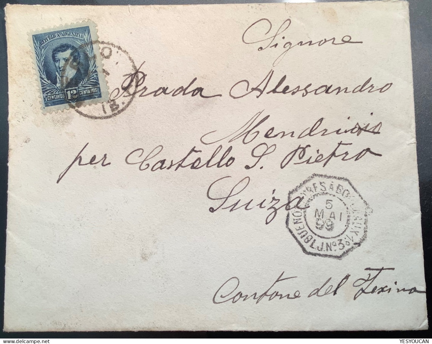 MERLO 1895 Frkd 12c Belgrano (1892-95)cover BUENOS AIRES-BORDEAUX>Mendrisio/Castel S.Pietro TI, Schweiz (Argentina Brief - Covers & Documents