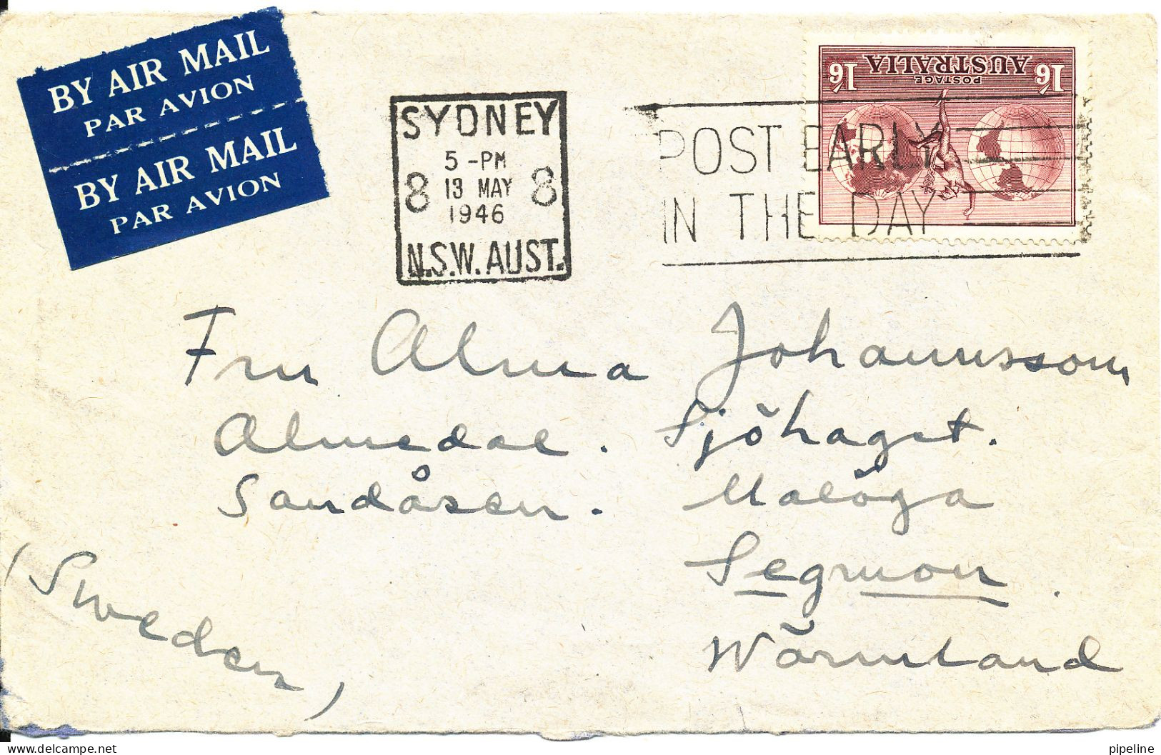 Australia Cover Sent Air Mail To Sweden Sydney 13-5-1946 Single Franked - Lettres & Documents