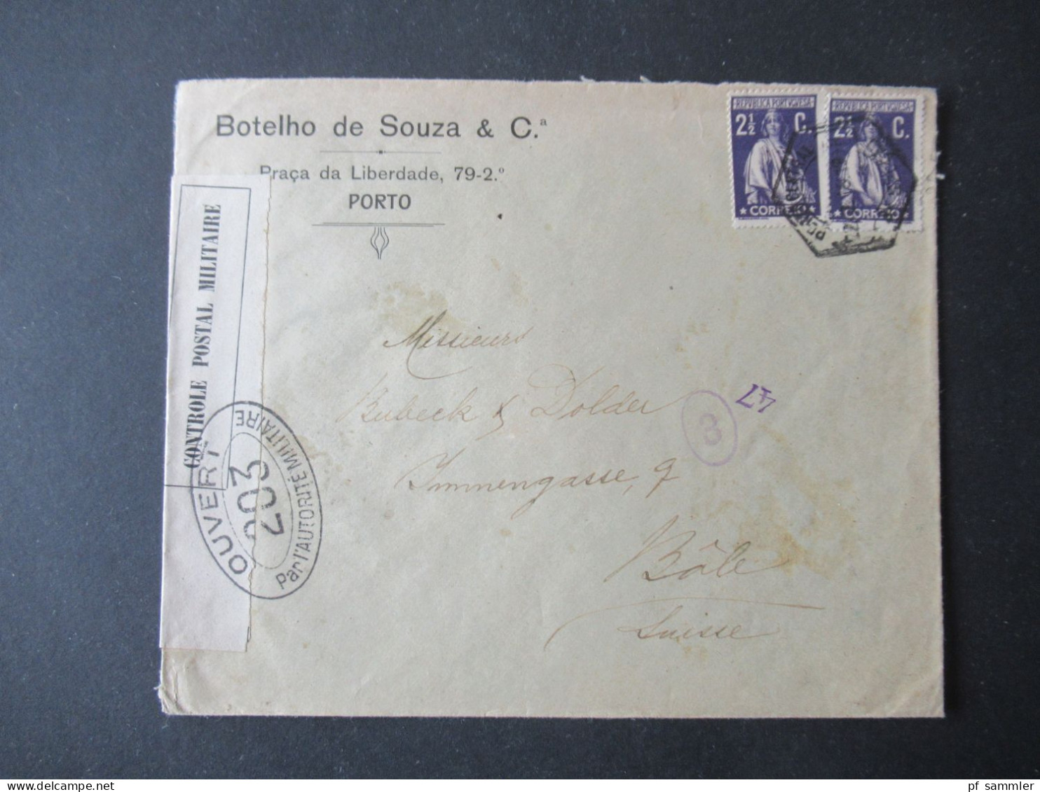Portugal 1916 Zensurbeleg 1.WK. Port - Basel Schweiz Controle Postal Militaire Stp. Ouvert 203 Par L'Autorite Militaire - Brieven En Documenten