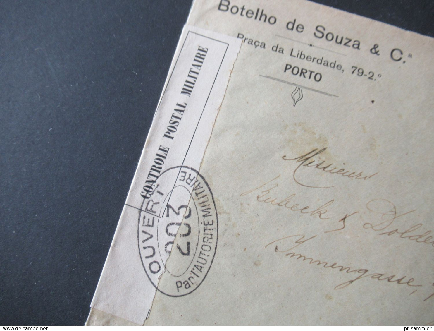 Portugal 1916 Zensurbeleg 1.WK. Port - Basel Schweiz Controle Postal Militaire Stp. Ouvert 203 Par L'Autorite Militaire - Cartas & Documentos