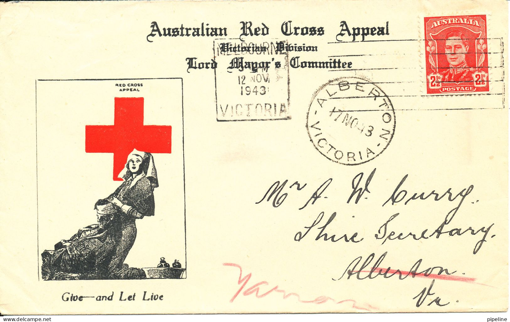 Australia Cover Alberton 17-11-1943 Single Franked (Australian Red Cross Appeal) - Covers & Documents