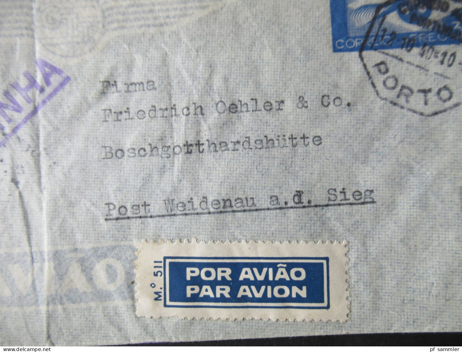 Portugal 1940 Luftpostumschlag LU 1 OKW Verschlussstreifen PKW Zensur Geöffnet Und Stempel / Zensur Der Wehrmacht - Storia Postale