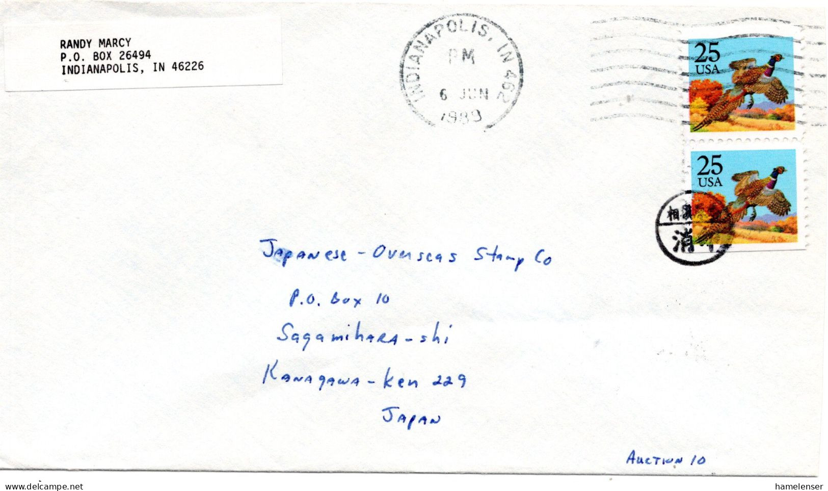 74195 - USA - 1989 - 2@25¢ Fasan A Bf INDIANAPOLIS, IN -> SAGAMIHARA (Japan), M "Nachtraeglich Entwertet"-Stpl - Briefe U. Dokumente