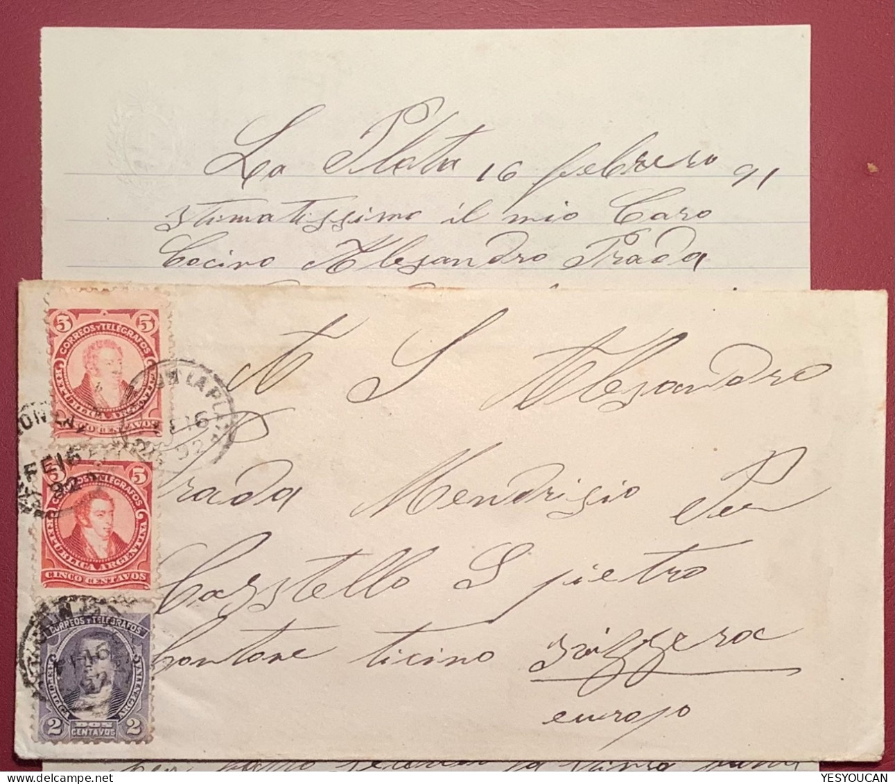 LA PLATA1892 5c Rivadavia TWO DIFFERENT PRINTINGS ! +2c (1890)cover>Castel S.Pietro, Ticino TI, Schweiz (Argentina Brief - Cartas & Documentos